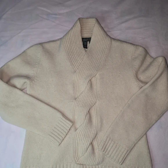 Lauren Ralph Lauren Cream Cable-Front Shawl-Collar Turtleneck Sweater - Picture 2 of 8